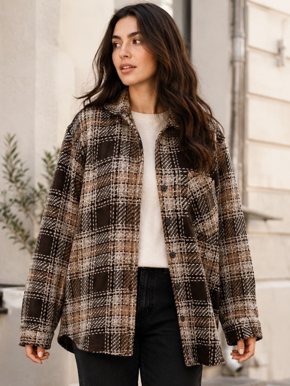Common People Plaid Oversized Shacket Shirt Jacket Brown Cream Textured Large